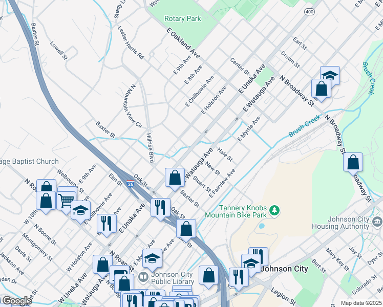 map of restaurants, bars, coffee shops, grocery stores, and more near 614 East Unaka Avenue in Johnson City