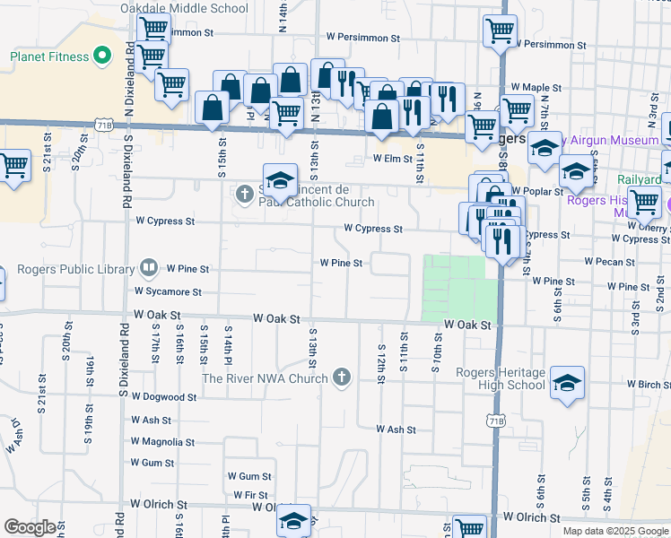 map of restaurants, bars, coffee shops, grocery stores, and more near 1212 West Pine Street in Rogers