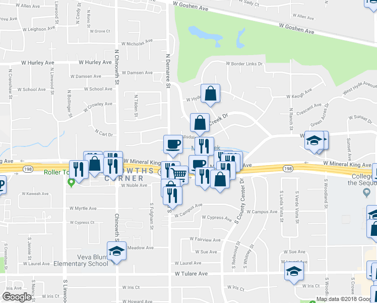 map of restaurants, bars, coffee shops, grocery stores, and more near 3530 W Mineral King Ave in Visalia