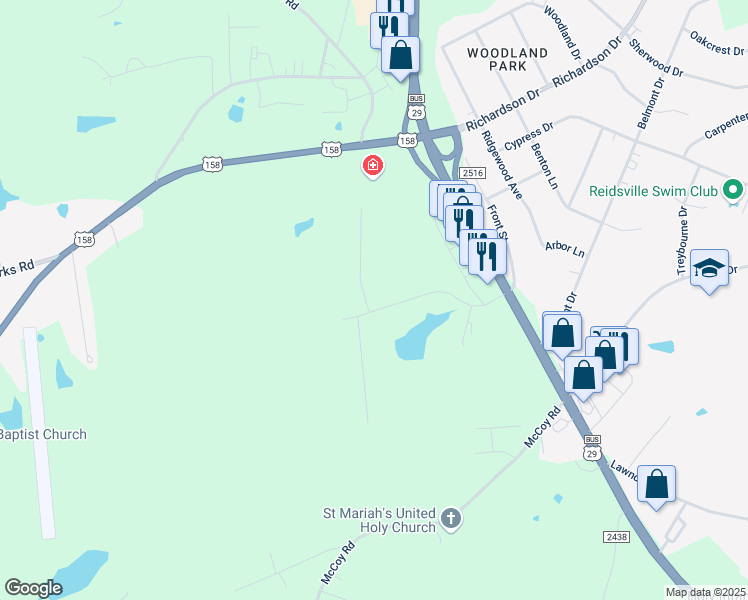 map of restaurants, bars, coffee shops, grocery stores, and more near 2604 Ashcroft Drive in Reidsville