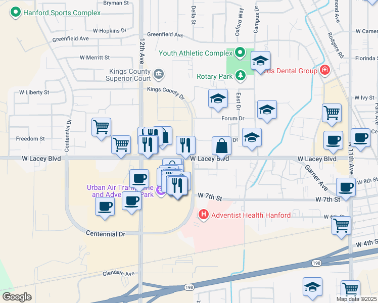map of restaurants, bars, coffee shops, grocery stores, and more near 1524 West Lacey Boulevard in Hanford