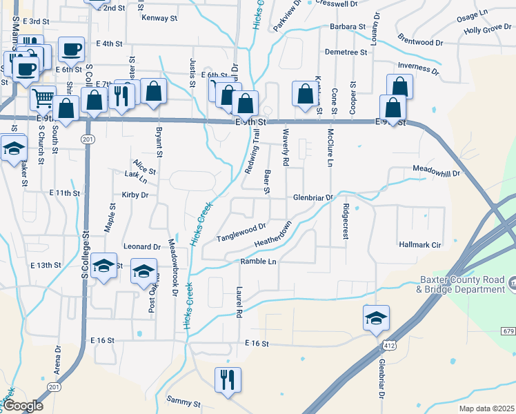 map of restaurants, bars, coffee shops, grocery stores, and more near 942 Shay Drive in Mountain Home
