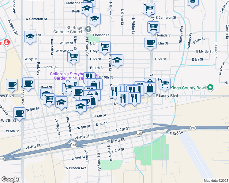 map of restaurants, bars, coffee shops, grocery stores, and more near 230 North Green Street in Hanford