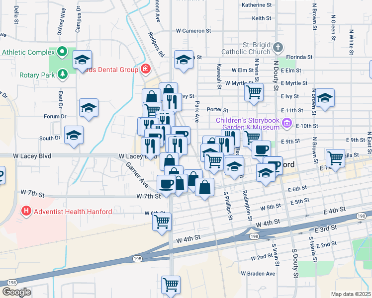 map of restaurants, bars, coffee shops, grocery stores, and more near 520 West Lacey Boulevard in Hanford