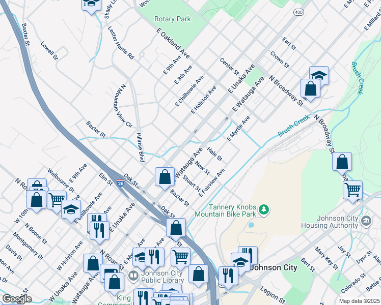 map of restaurants, bars, coffee shops, grocery stores, and more near 614 East Unaka Avenue in Johnson City