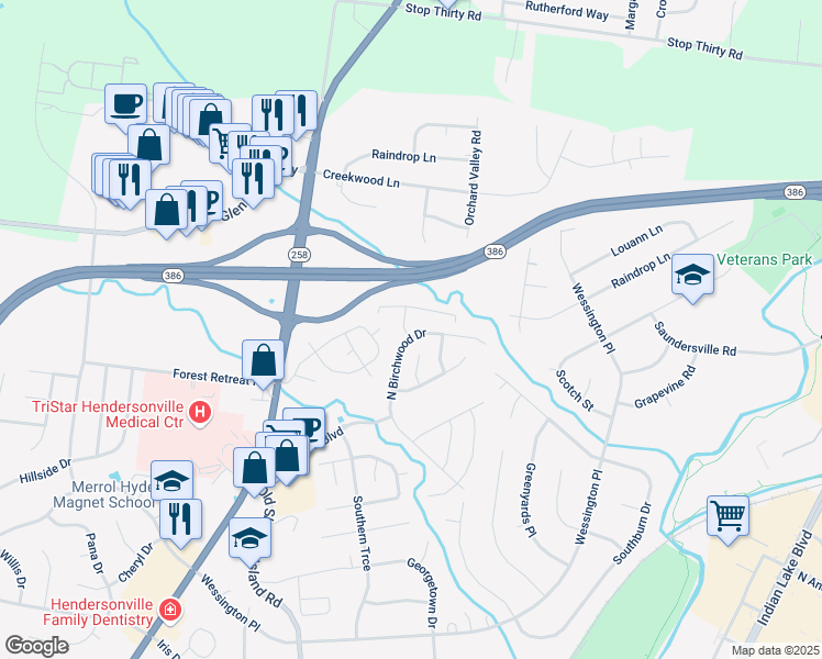 map of restaurants, bars, coffee shops, grocery stores, and more near 105 Cardinal Lane in Hendersonville