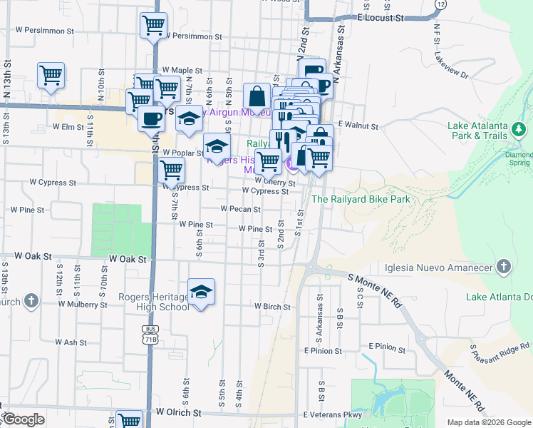 map of restaurants, bars, coffee shops, grocery stores, and more near 206 West Pecan Street in Rogers