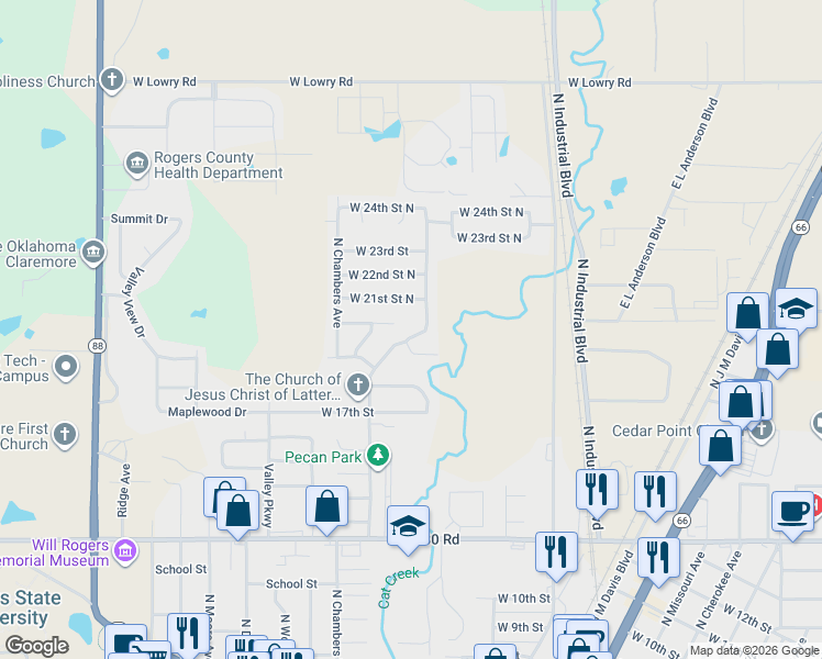 map of restaurants, bars, coffee shops, grocery stores, and more near 1903 North Chambers Terrace in Claremore