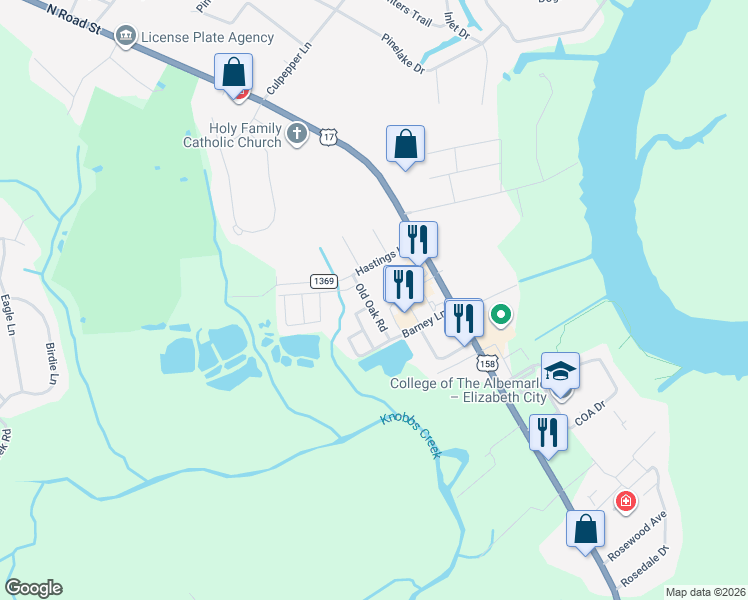 map of restaurants, bars, coffee shops, grocery stores, and more near 114 Old Oak Road in Elizabeth City