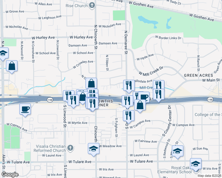 map of restaurants, bars, coffee shops, grocery stores, and more near 3905 West Hillsdale Court in Visalia