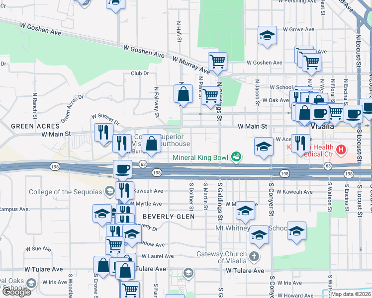 map of restaurants, bars, coffee shops, grocery stores, and more near 1502 West Burrel Avenue in Visalia