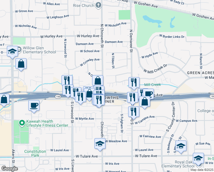 map of restaurants, bars, coffee shops, grocery stores, and more near 4017 West Hillsdale Court in Visalia