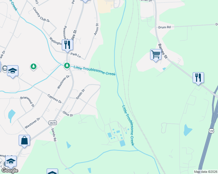map of restaurants, bars, coffee shops, grocery stores, and more near 2113 Olive Street in Reidsville