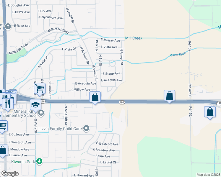 map of restaurants, bars, coffee shops, grocery stores, and more near 242 Burrel Drive in Visalia