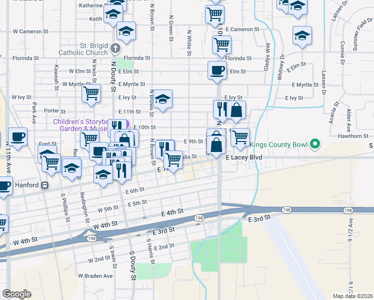map of restaurants, bars, coffee shops, grocery stores, and more near 310 North White Street in Hanford