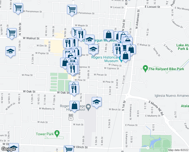map of restaurants, bars, coffee shops, grocery stores, and more near 520 West Pecan Street in Rogers