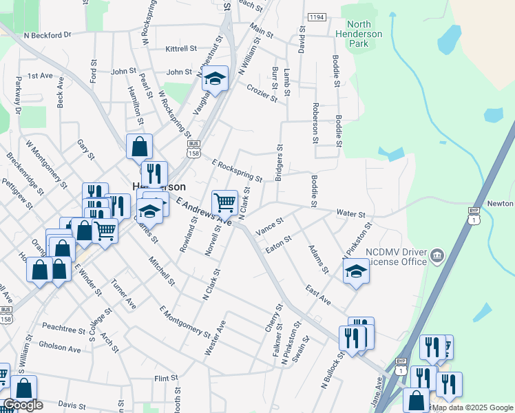 map of restaurants, bars, coffee shops, grocery stores, and more near 593 Water Street in Henderson