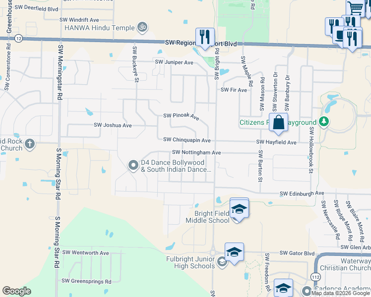 map of restaurants, bars, coffee shops, grocery stores, and more near 2204 Southwest Nottingham Avenue in Bentonville