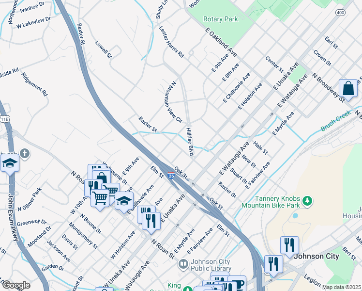 map of restaurants, bars, coffee shops, grocery stores, and more near 800 Baxter Street in Johnson City