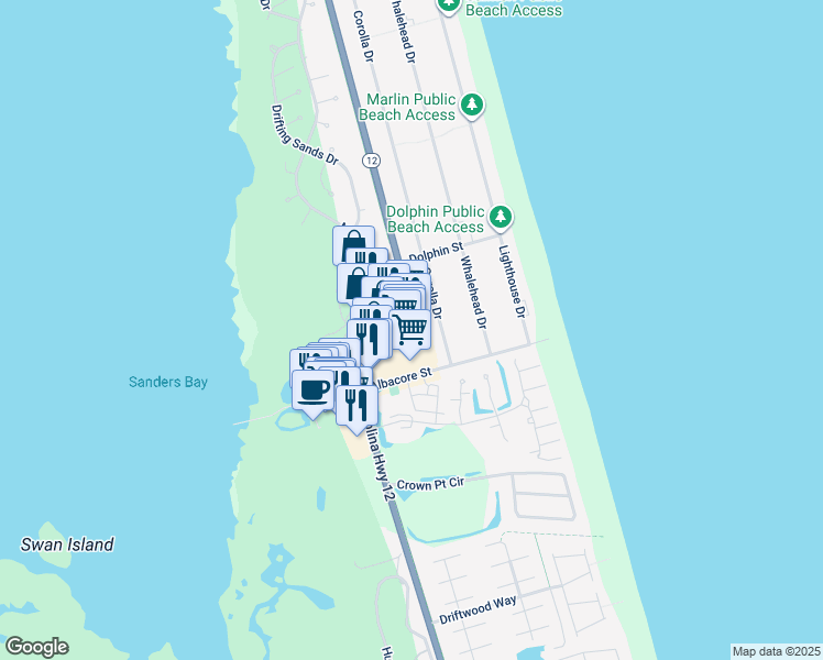 map of restaurants, bars, coffee shops, grocery stores, and more near 817 Ocean Trail in Corolla