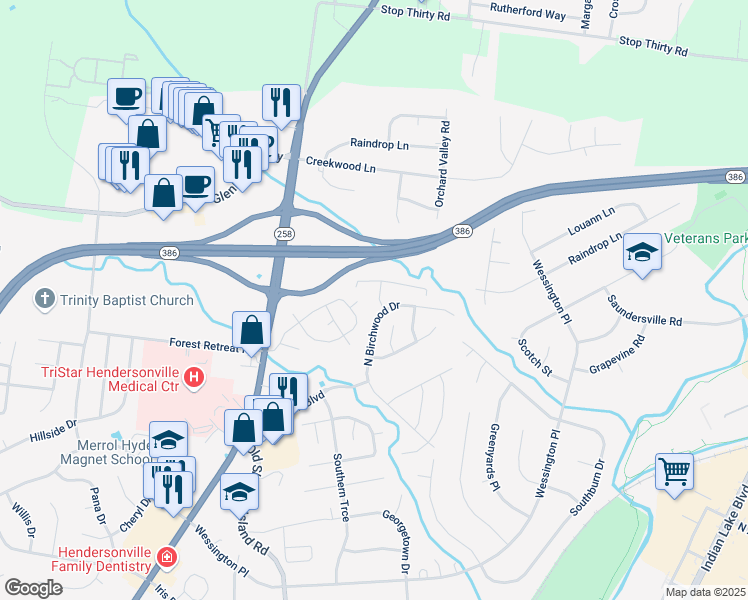 map of restaurants, bars, coffee shops, grocery stores, and more near 105 Cardinal Lane in Hendersonville