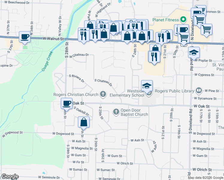 map of restaurants, bars, coffee shops, grocery stores, and more near 838 South Chateau Drive in Rogers