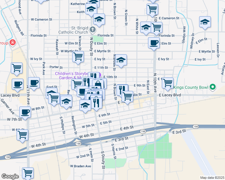 map of restaurants, bars, coffee shops, grocery stores, and more near 308 N Brown St in Hanford