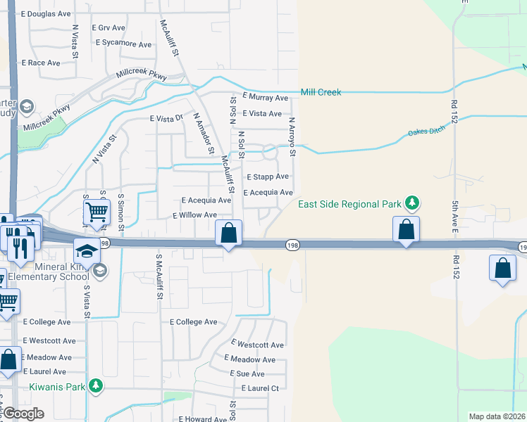 map of restaurants, bars, coffee shops, grocery stores, and more near 242 Burrel Drive in Visalia