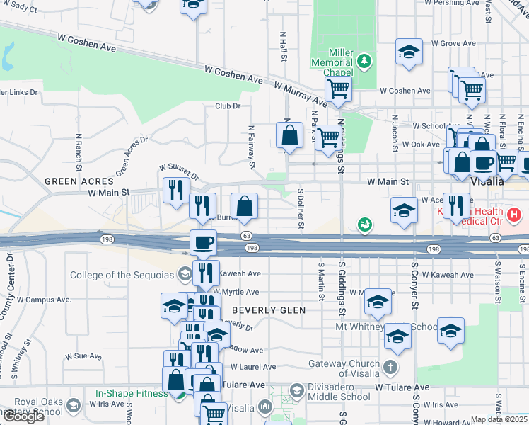 map of restaurants, bars, coffee shops, grocery stores, and more near 217 South Divisadero Street in Visalia