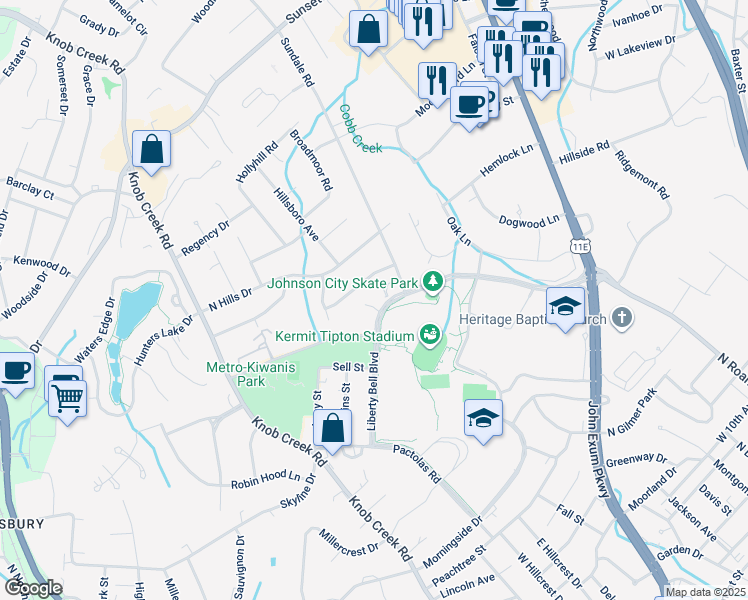 map of restaurants, bars, coffee shops, grocery stores, and more near 724 Liberty Bell Boulevard in Johnson City
