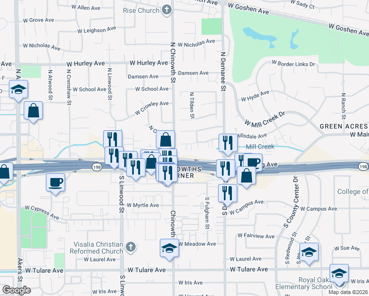 map of restaurants, bars, coffee shops, grocery stores, and more near 4017 West Hillsdale Court in Visalia