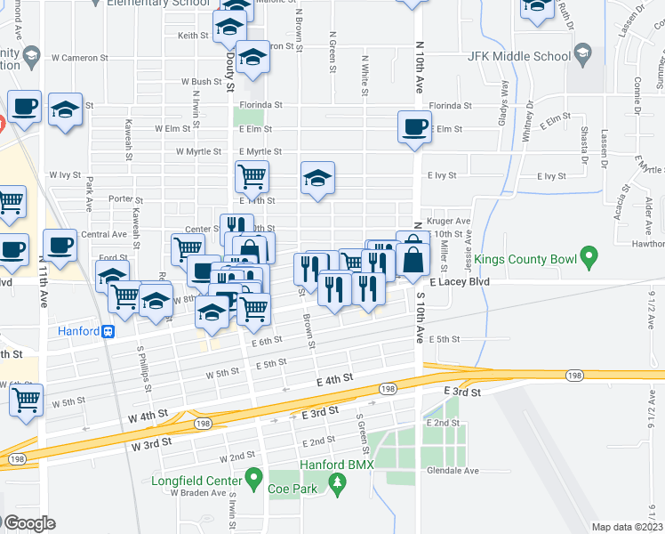 map of restaurants, bars, coffee shops, grocery stores, and more near 368 North Green Street in Hanford