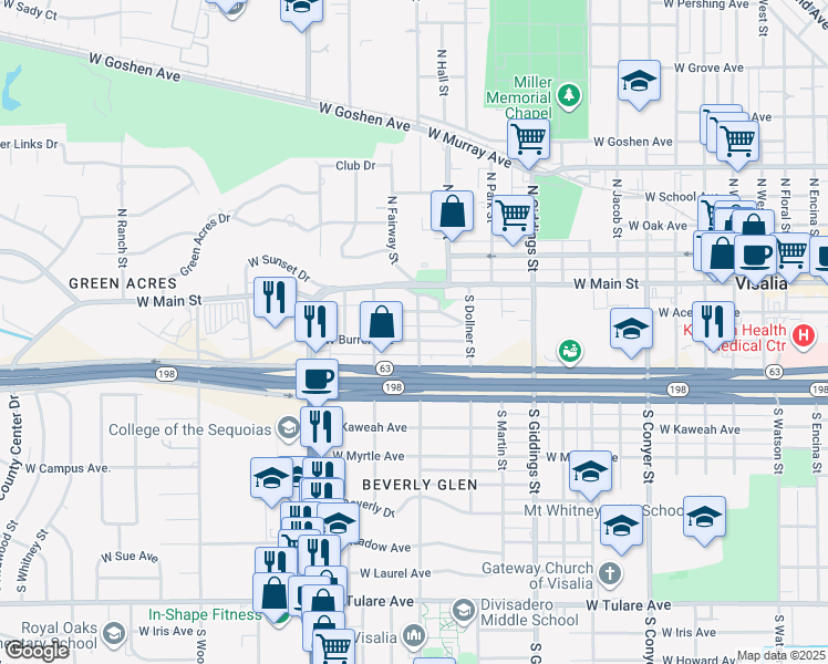 map of restaurants, bars, coffee shops, grocery stores, and more near 217 South Divisadero Street in Visalia