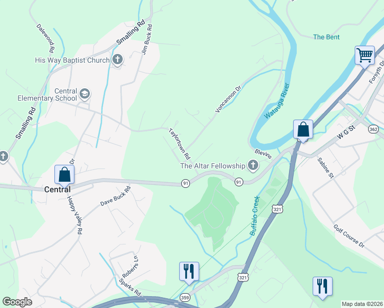 map of restaurants, bars, coffee shops, grocery stores, and more near 122 Taylortown Road in Johnson City