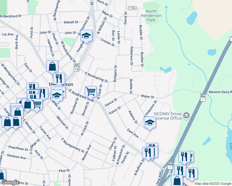 map of restaurants, bars, coffee shops, grocery stores, and more near 710 Water Street in Henderson