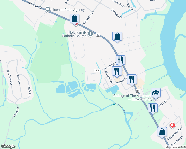 map of restaurants, bars, coffee shops, grocery stores, and more near 102 Mimosa Lane in Elizabeth City