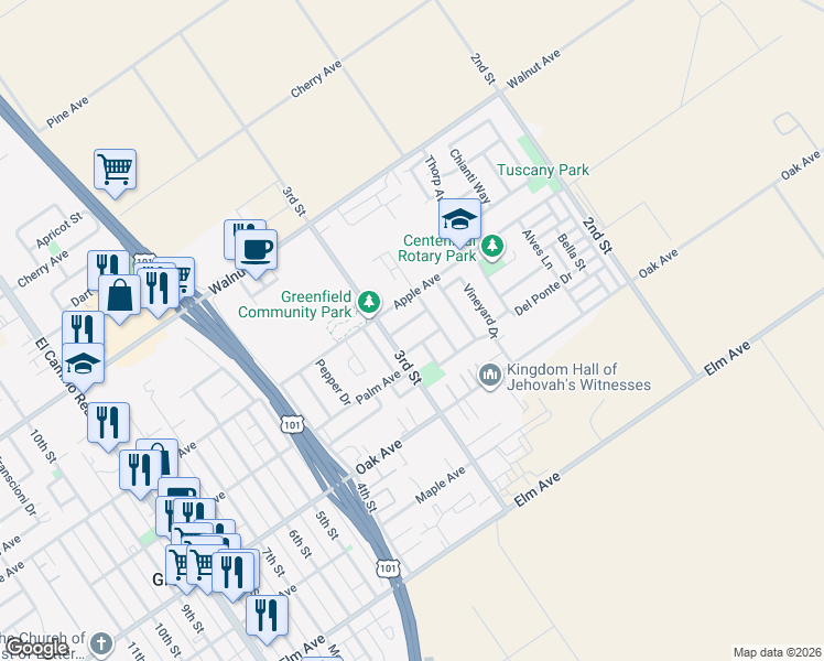 map of restaurants, bars, coffee shops, grocery stores, and more near 273 Merlot Avenue in Greenfield