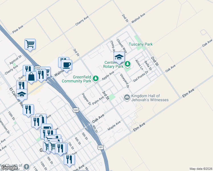 map of restaurants, bars, coffee shops, grocery stores, and more near 273 Merlot Avenue in Greenfield