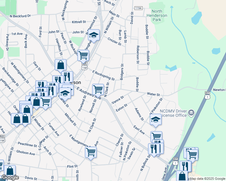 map of restaurants, bars, coffee shops, grocery stores, and more near 527 Water Street in Henderson