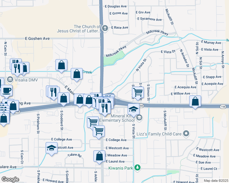 map of restaurants, bars, coffee shops, grocery stores, and more near 3100 East Stapp Avenue in Visalia