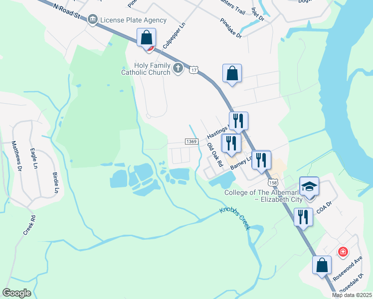 map of restaurants, bars, coffee shops, grocery stores, and more near 100 Willow Way in Elizabeth City