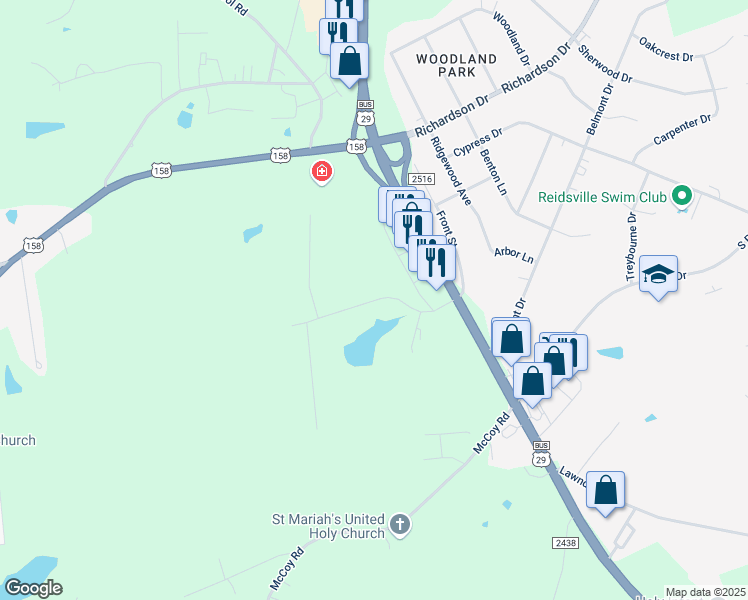 map of restaurants, bars, coffee shops, grocery stores, and more near 1339 Cotswald Terrace in Reidsville