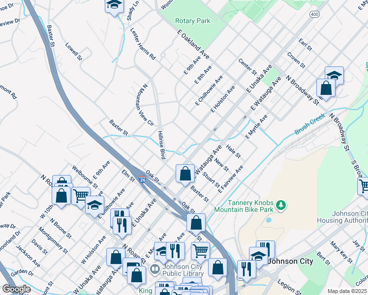 map of restaurants, bars, coffee shops, grocery stores, and more near 604 East Holston Avenue in Johnson City