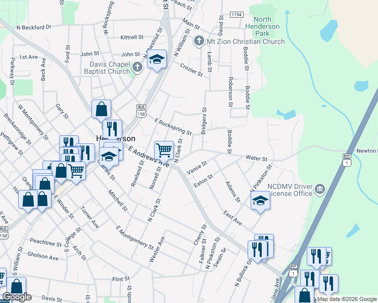 map of restaurants, bars, coffee shops, grocery stores, and more near 593 Water Street in Henderson