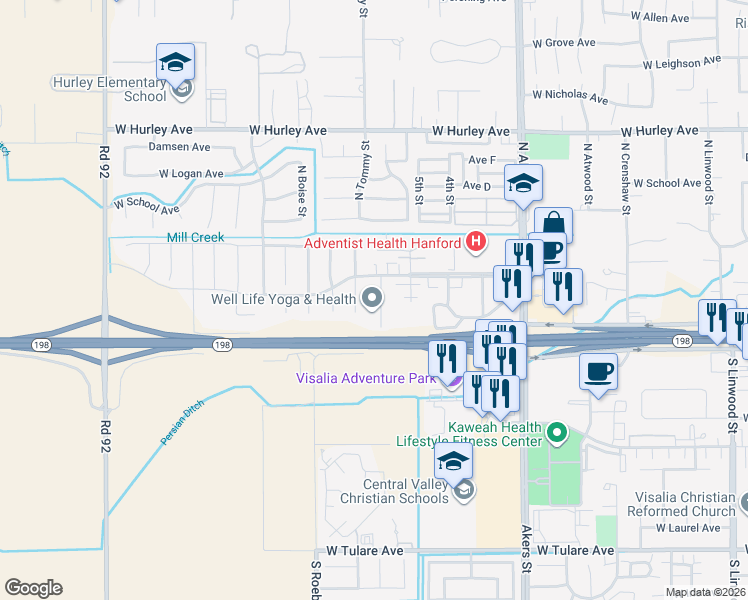 map of restaurants, bars, coffee shops, grocery stores, and more near 147 South Cottonwood Court in Visalia