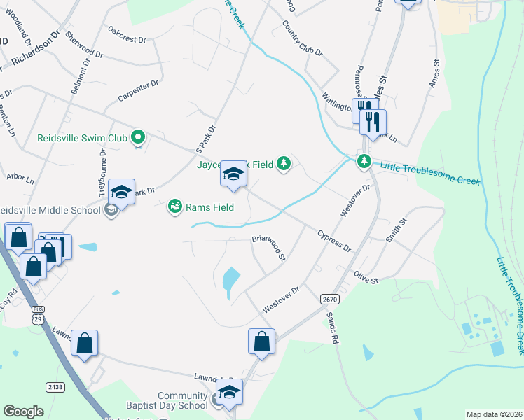 map of restaurants, bars, coffee shops, grocery stores, and more near 421 Cypress Drive in Reidsville