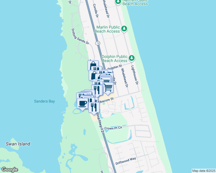 map of restaurants, bars, coffee shops, grocery stores, and more near 817 Ocean Trail in Corolla