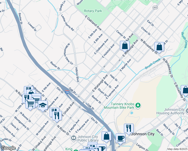 map of restaurants, bars, coffee shops, grocery stores, and more near 604 East Holston Avenue in Johnson City
