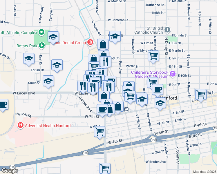 map of restaurants, bars, coffee shops, grocery stores, and more near 443 North 11th Avenue in Hanford