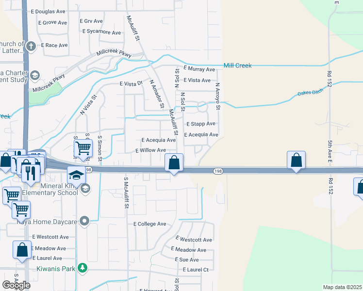 map of restaurants, bars, coffee shops, grocery stores, and more near 211 Sol Court South in Visalia